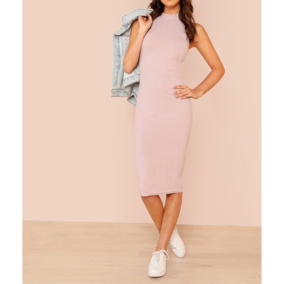 Blush Pink Halter Bodycon Ribbed Midi Dress - Picture 5 of 6